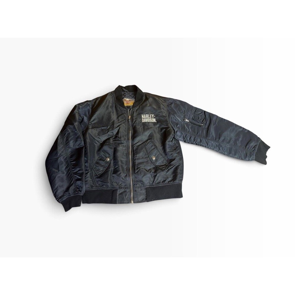 Vtg Harley Davidson MA1 Bomber Jacket Mens S Black Nylon Flight Motorcycle Flaw